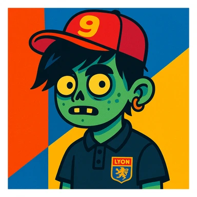 zombie boy, black emo hair, piercing, black polo shirt with Lyon logo, red cap with '9', vibrant toon style sticker