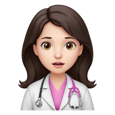 Barbie like emoji of a woman with white skin long wavy dark brown hair, brown eyes wearing a white lab coat and pink stethoscope and with a scared look sticker
