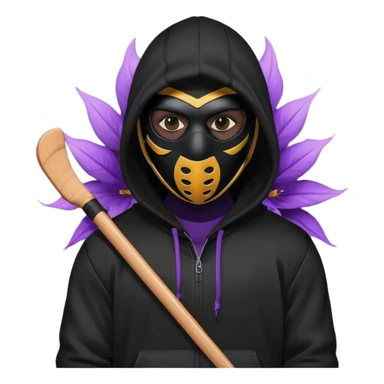 non human male cartoon character related to a shadow, all black skin, with all black clothes, focusing a black hoodie, and a black hockey mask covering his entire face, just his purple shadow eyes making a light bloom, no background sticker
