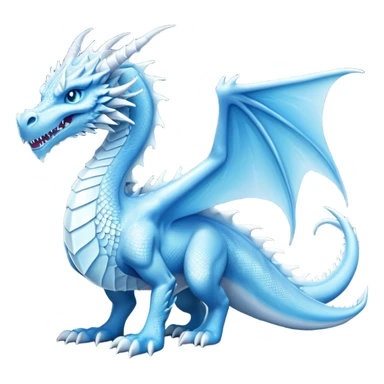 Cinematic Noble wise elegant Ice Dragon full body  Emoji, Poised and imposing, distinct long elegant snout, with a slender, scaled body shimmering in glacial hues of icy blue, frostbitten silver, and crystalline white, breathing out frost, with piercing, glowing ice blue white eyes that radiate the chilling depths of an arctic storm; rendered in detail. excuding wisdom sticker