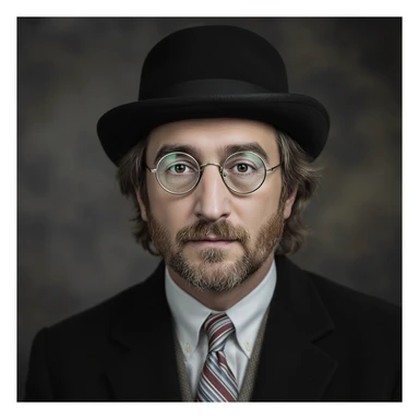 realistic style portrait of John Lennon wearing a bowler hat, soft lighting, photorealistic sticker