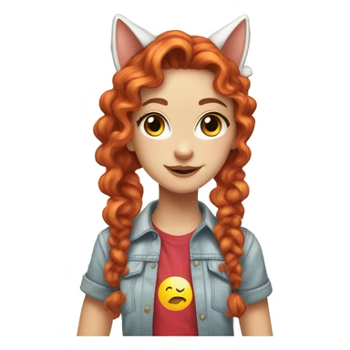 a white girl with long red curly hair in a pony tail with rainbow shirt does peace sign wearing cat ears one black other white sticker