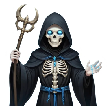 portrait of a god of death in black robes, skeletal hands, glowing blue eyes under a shadowed hood, scythe in hand, floating slightly above the ground, surrounded by spirits sticker