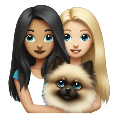 A blonde girl with blue eyes holds a black pomeranian in her hands sticker