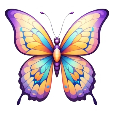 Cinematic Elegant Butterfly Portrait Emoji, Poised and ethereal, with delicate, intricately patterned wings in a kaleidoscope of soft, vibrant colors, a slender, graceful body, and gentle, observant eyes, Simplified yet exquisitely delicate features, highly detailed, glowing with a soft, radiant luminescence, high shine, intelligent and enchanting, stylized with an air of whimsical floral elegance, focused and poised, soft glowing outline, capturing the essence of a watchful butterfly that appears ready to flutter out of the screen with magical grace! sticker