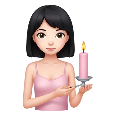 Girl with fair skin wearing light pink speghetti top has straight black medium length hair holding 25 candle in hand sticker