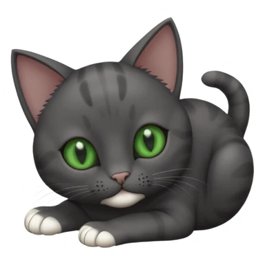 solid dark grey cat with green eyes, completely solid grey face, white toes/paws playing rolling upside down sticker