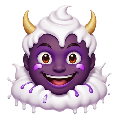 Purple smiling Devilish emoji with white whipped cream splattered all across it’s face sticker