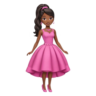 black barbie. typical barbie ponytail, pink dress, super pretty, full body, the only pink is her dress sticker