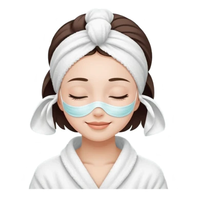 cute girl with her eyes closed and smiling, wearing a white spa towel as her clothes in she has a white spa towel on her head, white face skincare mask sticker