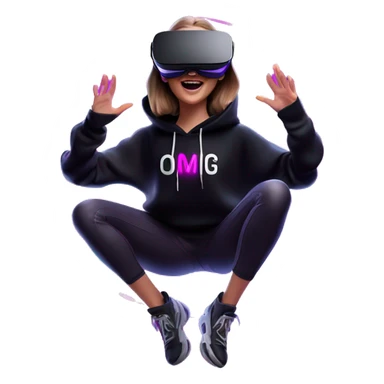 Russian girl wearing black hoody with violet letters "OMG", in vr headset oculus quest2. jumping. Cyberpunk style. Violet neon. sticker