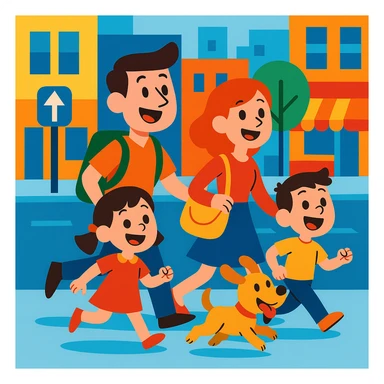 cartoon family with a pet dog, exploring city streets, lively urban setting, fun atmosphere, vibrant toon style sticker