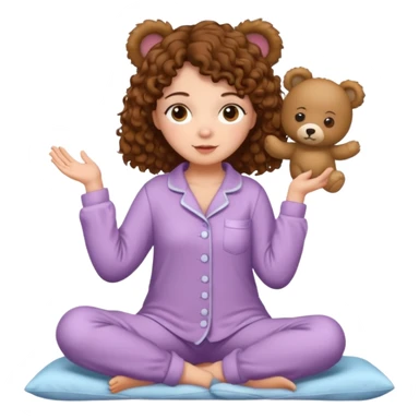 Woman with brown eyes, brown curly hair, white skin, full body in cute pijama bear sticker
