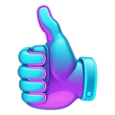 futuristic glowing thumbs up, neon purple and cyan light, dark background, digital tech style sticker
