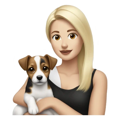 Blonde woman holding a black brown and white jack russell terrier puppy sticker