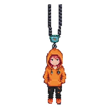 person with bacon hair, very small head, orange hoodie, black trousers, orange shoes, gamer chain around head, pixel art style sticker