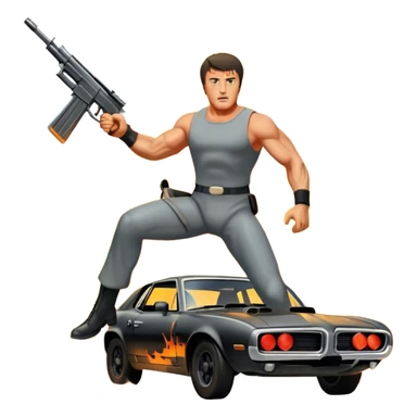 Icon for Action Movie: A vintage movie poster-style design featuring intense action scenes with explosions, weapons, and dramatic poses of Stallone. Include cars and helicopters flying out of flames in the background. Bold typography and retro cinematic style. Transparent background. sticker
