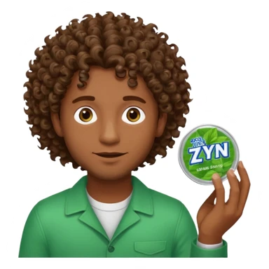 Man with Curley brown hairholding Zyn spearmint snus sticker