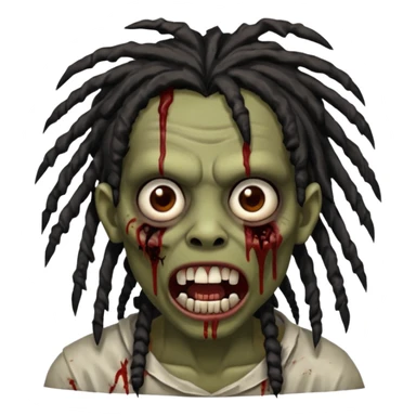 zombie with brown skin, messy black dreads hair, wide centered brown eyes, dark bloody marks under the eyes, and a slightly open mouth showing crooked teeth grillz, giving a distressed, undead look. sticker