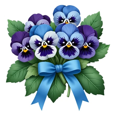 A beautifully tied deep green ribbon wrapped around a bouquet of soft blue pansies, displayed on an antique wooden table. sticker