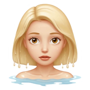 Woman submerged in black water, wet skin and eyes above surface, silent invitation sticker