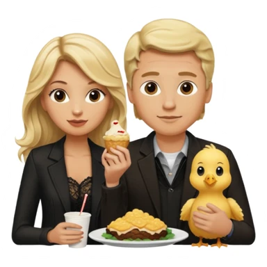 Love tan woman long wavy blonde hair and black lace  with  a man short blonde hair wearing Brown  jacket eating chick filet  sticker