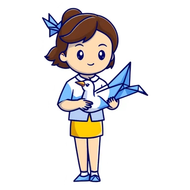Ukrainian young girl with brown hair wearing a white embroidered shirt holds an origami yellow-blue crane sticker