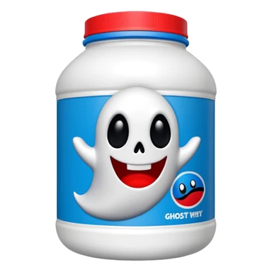 “Front-facing Ghost whey protein powder bottle, tall white plastic tub with wide shoulders and bold red lid. Blue and black Oreo-inspired label with the white GHOST logo and small ghost mascot. Clean studio lighting, soft shadow, realistic emoji-style product, centered on white background.” sticker