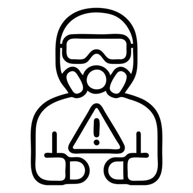 warning sign with a yellow triangle, inside a figure wearing chemical-resistant PPE including goggles, gloves, and a respirator mask, emphasizing hazard awareness sticker