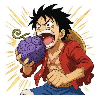 Luffy eating the gum gum fruit, classic anime style, transparent background, dynamic details sticker