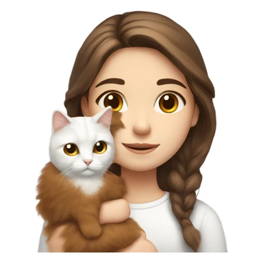 A girl with middle long brown hair and a white fluffy cat is lying on her left shoulder and neck sticker