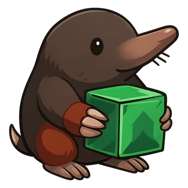 Make the character look more like a real mole with a longer nose, small eyes, and mole-like features, still holding a Minecraft emerald block. The style should be cartoonish and cute with no background. sticker