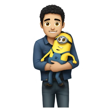 white male, brown eyes, black hair hugging and holding a minion with green eyes sticker