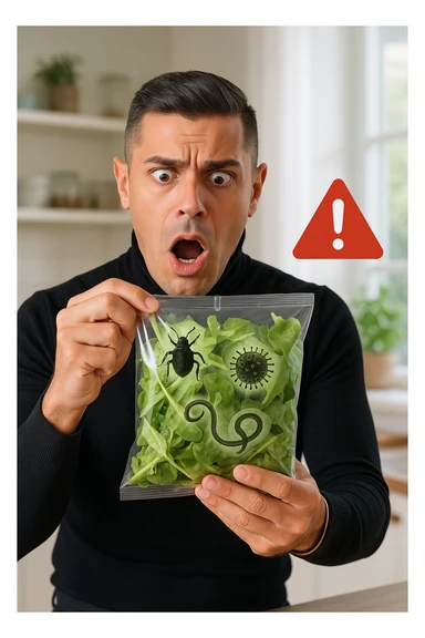 a man with a shocked expression holds a bag of salad greens up to the light. Through the clear plastic, enlarged and detailed images of various parasites and bacteria are visible among the leaves. A red warning triangle with an exclamation mark floats near the bag, emphasizing the health risk. The setting is a bright, everyday kitchen. sticker