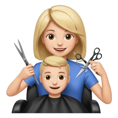 salon hair cut emoji, a person getting a haircut in a salon chair, scissors visible, cheerful expression sticker