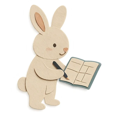 highly detailed, high quality paper craft style illustration of a cream-colored bunny standing and writing in a planner, intricate textures, soft lighting, delicate cut-paper details sticker