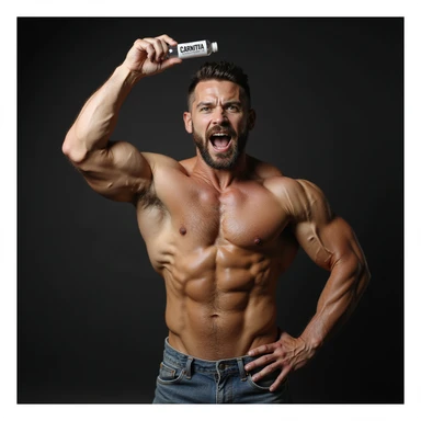 bodybuilder in victory pose, hyperrealism 4k, holding a vial with a label 'CARNITINA' in large block letters sticker