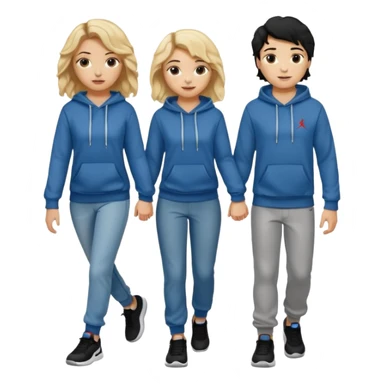 blonde girl with black haired boy holding hands, the girl has wavy hair and makeup and shes wearing jeans and a top and the boy has a jordan hoodie and jogging sporting bottoms sticker