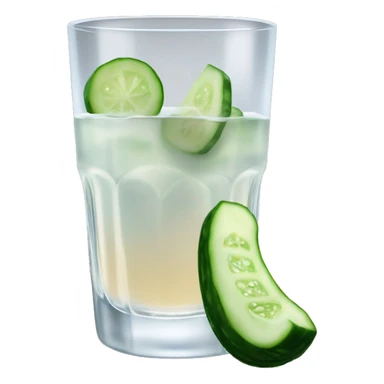 A cut glass of vodka and a small cucumber next to it.  sticker