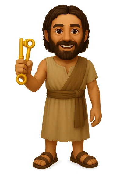 Make the shirt sleeveless like in 'The Chosen' show, keep plain robes, fullbody apostle Peter, high detail, emoji style, holding keys, standing pose, no background. sticker