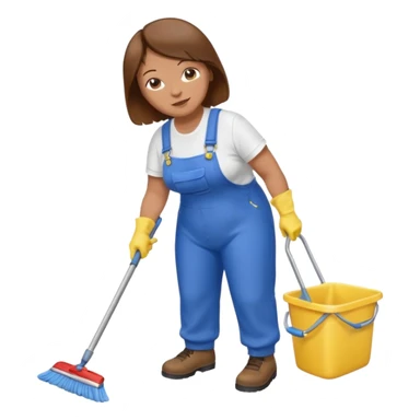 old and fat women, brown hair, Custodian with yellow rubber gloves, white T-shirt, blue overalls, mopping floor sticker