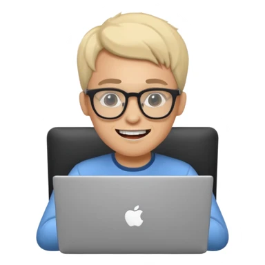 nerdy developer with glasses and prominent teeth, using a laptop, simple, clear sticker