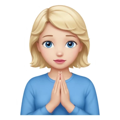 Girl Blonde short wavy hair,  blue eyes, cute blue top, long lashes, pink lips, praying hands sticker