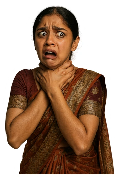 A girl wearing a saree, hands tightly around her own neck as if choking, South Asian features, dramatic expression, intricate patterns, no background sticker