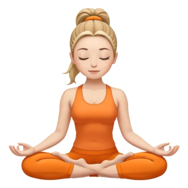 white woman with ponytail hairstyle in lotus position meditation yoga pose, closed eyes, relaxed face, wearing orange yoga outfit sticker