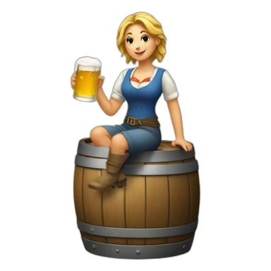 A lady with a beer in her hand and a foot on a beer barrel sticker