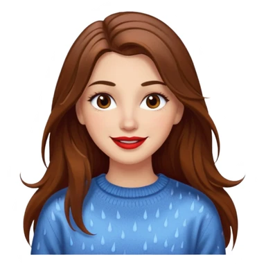 white woman with long brown hair and brown eyes, wearing a sweater, smiling in the rain, with long eyelashes and red lips sticker