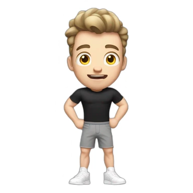 amazed Open with surprise mouth Pale skinned Fit Man With the biceps and dark brown hair in black shirt, gray sports shorts and white Sneakers sticker