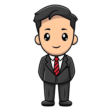 man wearing a suit with black horizontal stripes and a red tie sticker