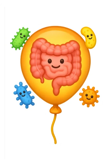 emoji stile iphone di un palloncino con intestino dentro e batteri intestinali intorno sticker